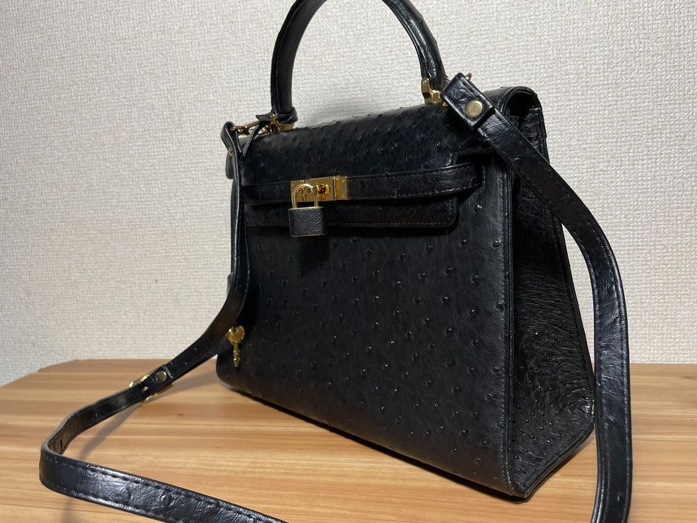 ク*ラ様 high-class オーストリッチレザー ブラック ハンドバッグ　2 ク*ラ様 high-class オーストリッチレザー ブラック