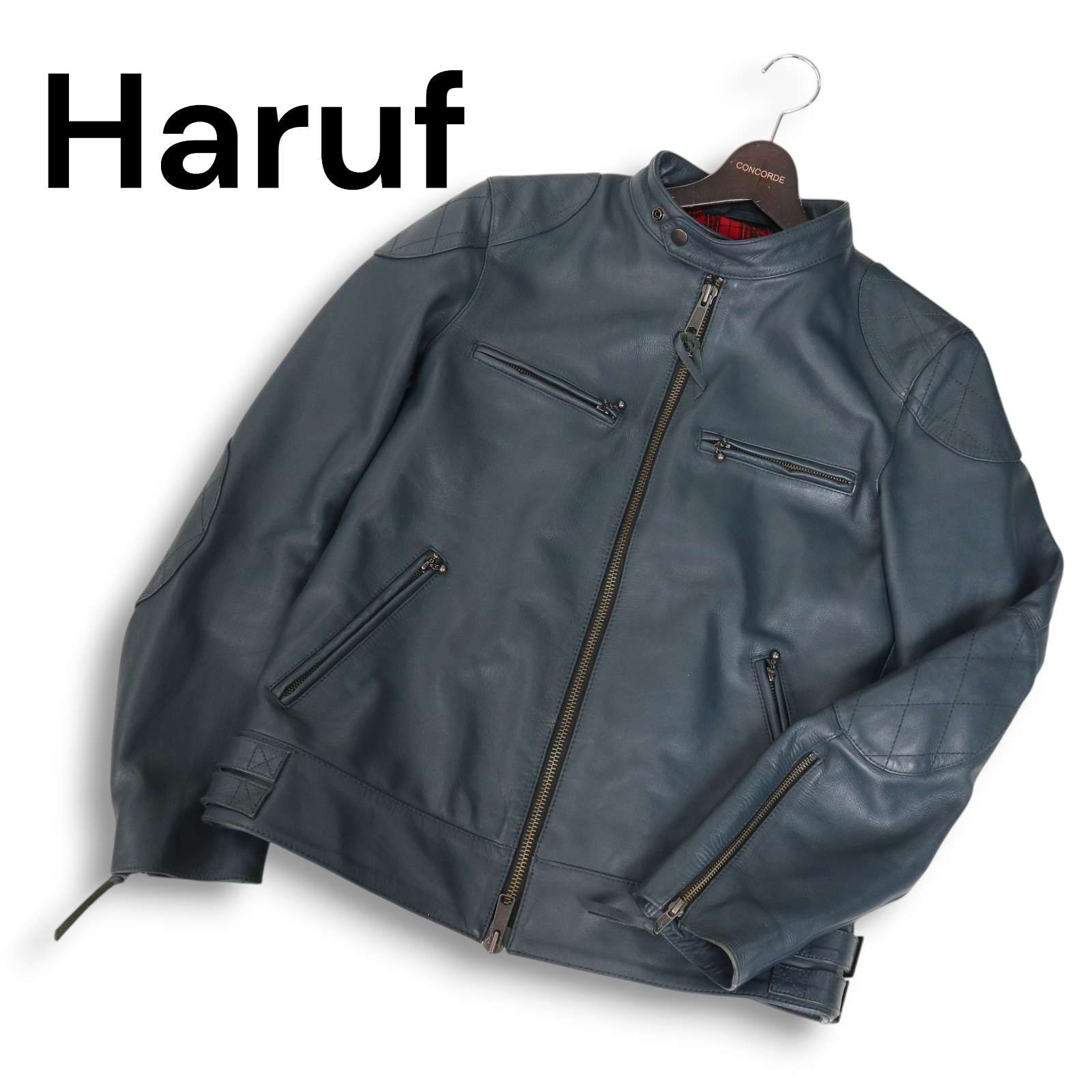 Haruf ハルフ 秋冬 裏地赤チェック 牛革 カウ レザー シングル ライダース ジャケット Sz.LL メンズ