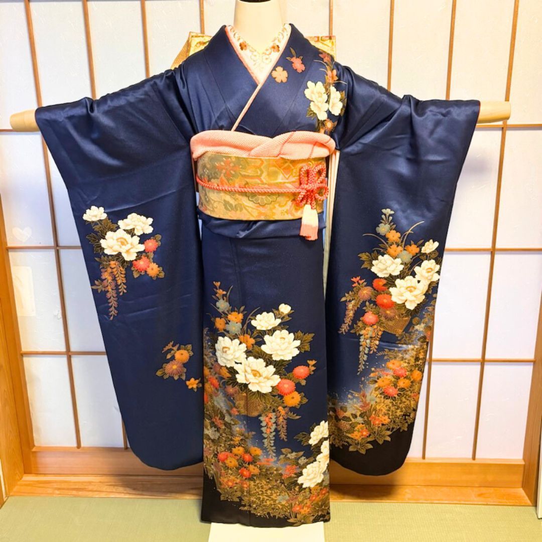 半額！トールサイズ 豪華金彩 振り袖 正絹 広衿 袷 YK-629 平和屋着物□豪華振袖 駒刺繍 飛鶴几帳花文 黒地 金彩 正絹 逸品