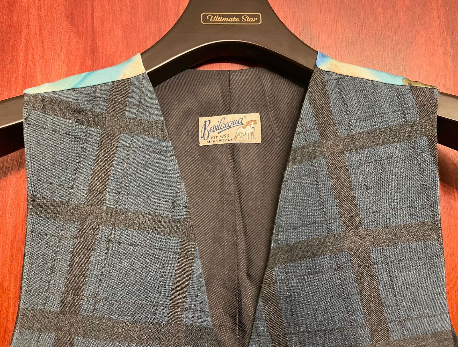 MADE IN ITALY製 Bevilacqua チェック柄コットンジレベスト ネイビー Mサイズ