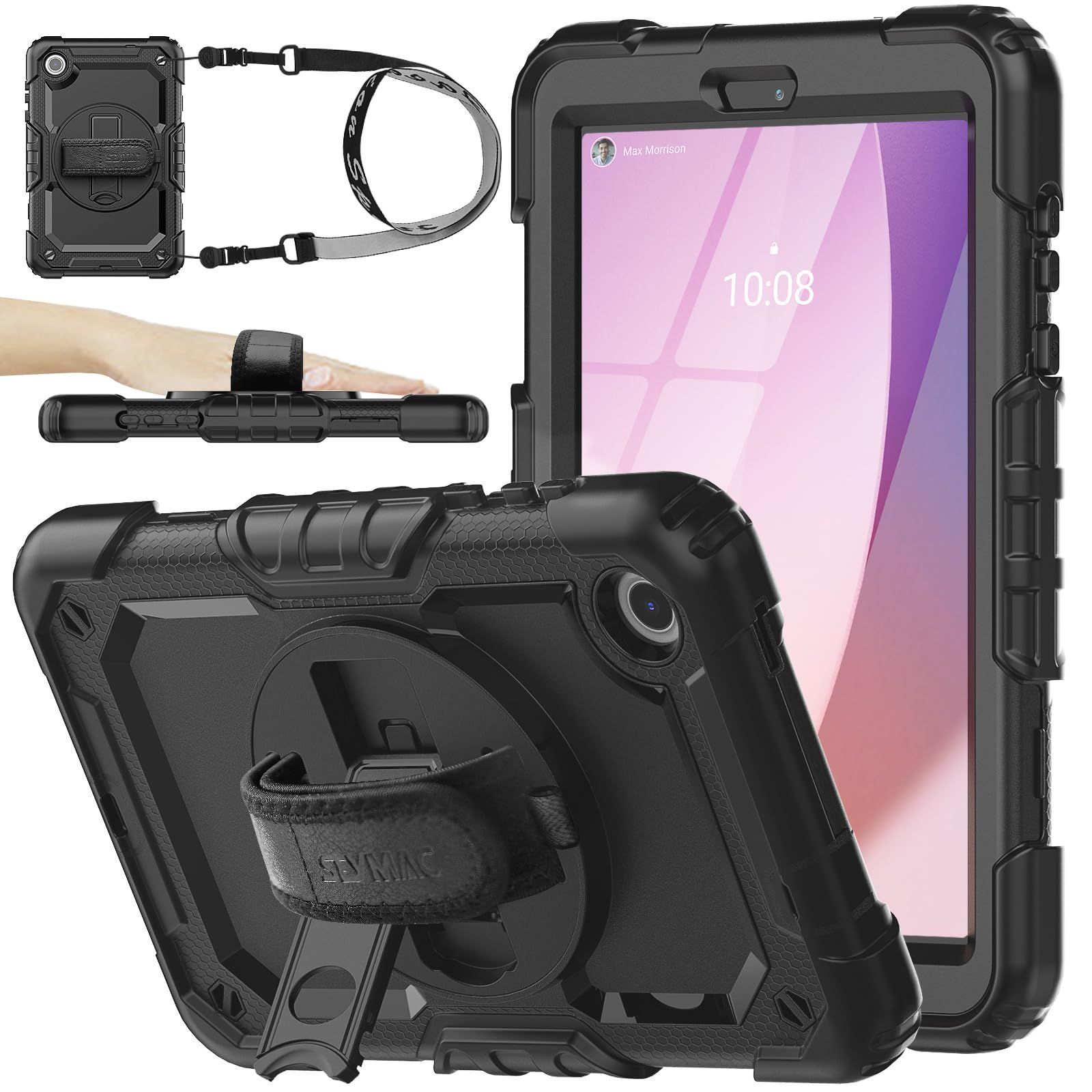 【数量限定】Lenovo Tab M8 Stock 4th Gen耐衝撃ケース ハンドストラップ 360回転スタンド SEYMAC ペン収納 ショルダーストラップ フィルム付き前カバー レノボ・ジャパン（ブラック）