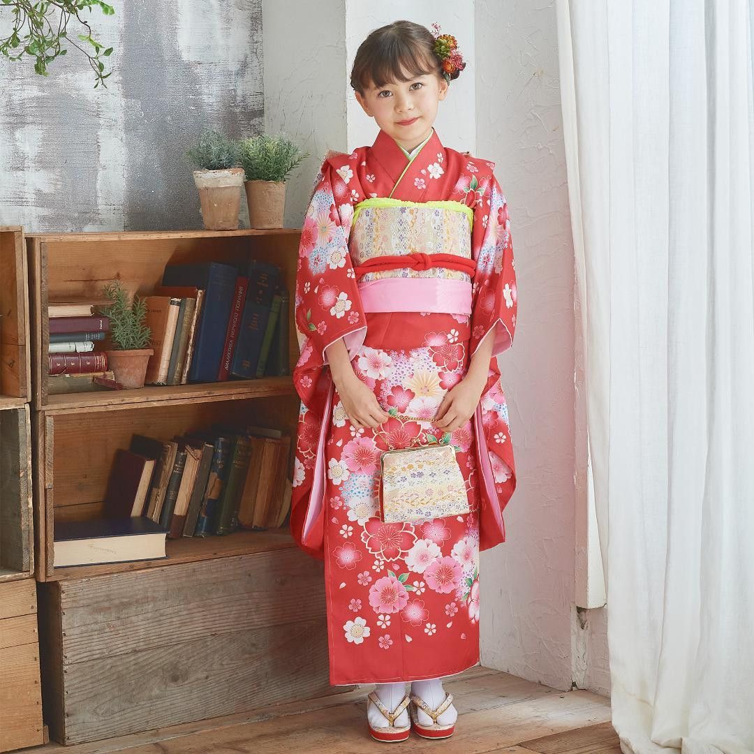 七五三 女の子 7歳 四つ身 着物 帯 フルセット 毬 古典 赤 BY7-4