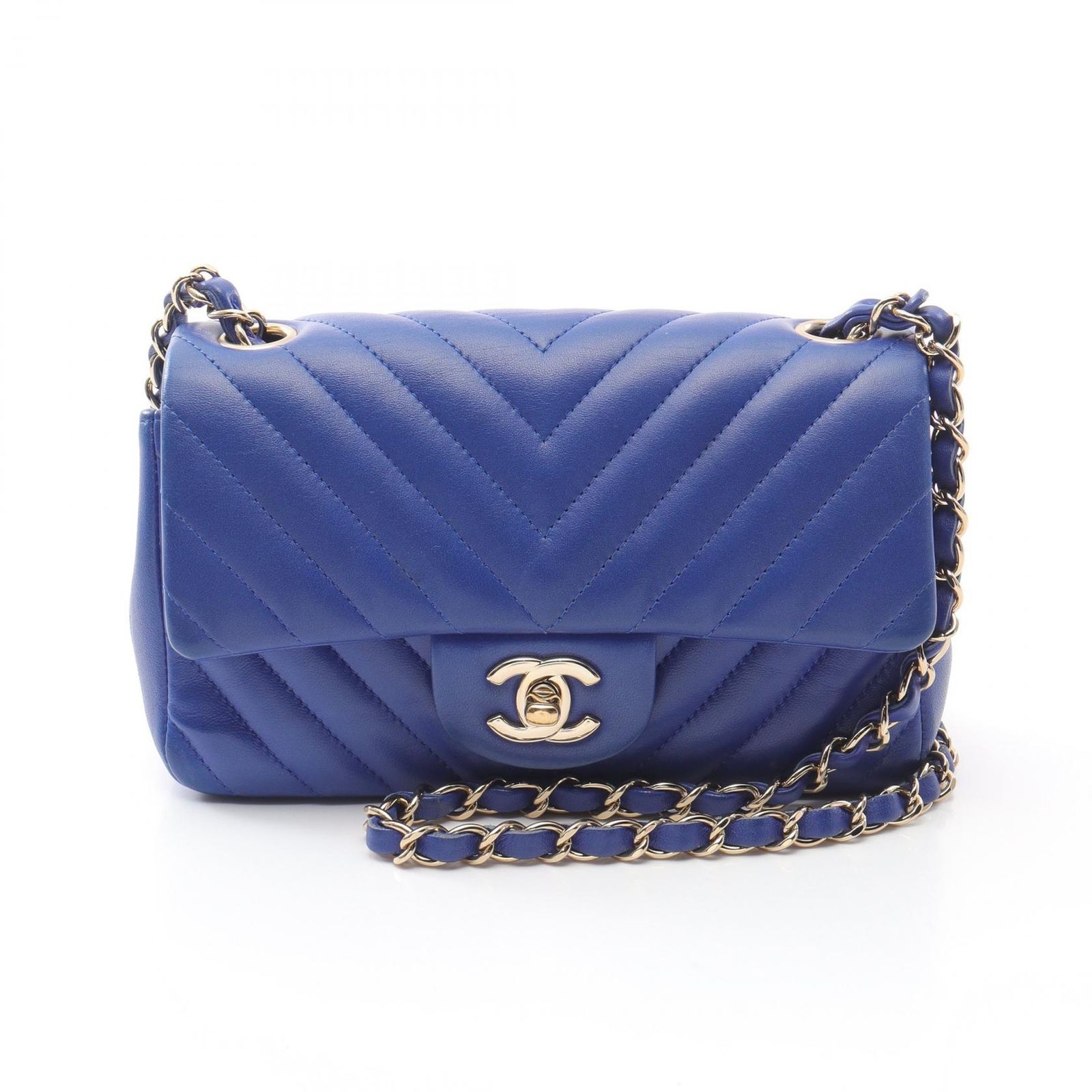シャネル CHANEL ショルダーバッグ シェブロン Vステッチ ブルー ラムスキン（羊革） シェブロン Vステッチ チェーンショルダー レディース Used A