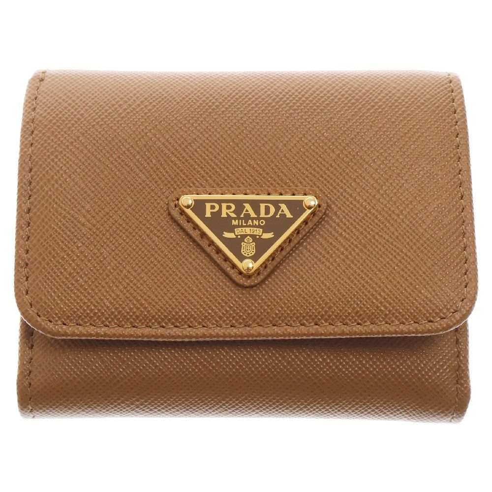 PRADA プラダ サフィアーノトライアングルプレートロゴ レザーコンパクトウォレット 三つ折り財布 三角プレート ブラウン 1MH043