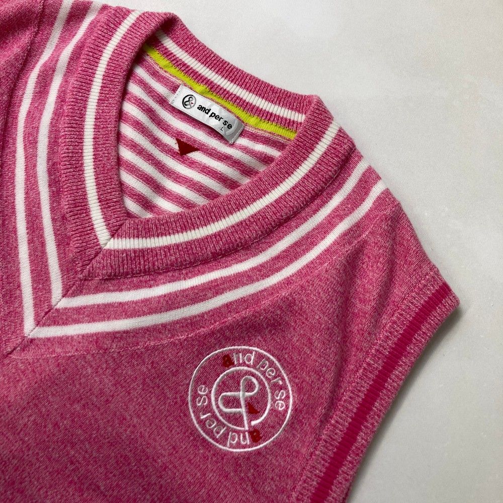 サイズ：L AND PER SE アンパスィ ニット ベスト ボーダー柄 ピンク系