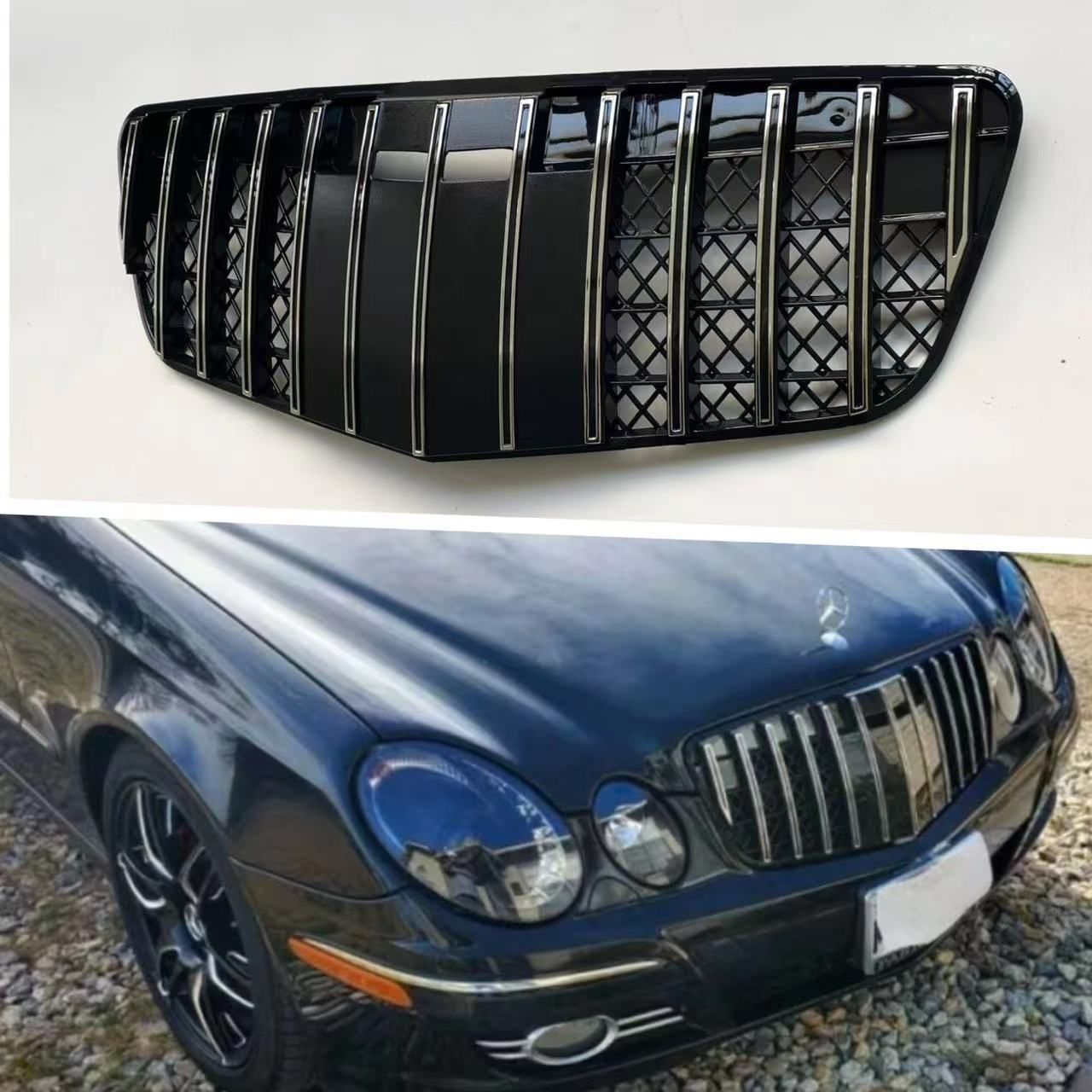 メンズ カーアクセサリー クラシックモダン向け ベンツ Eクラス W211 後期型 GTスタイル フロントグリル 竪条デザイン ABS製 EPfN953