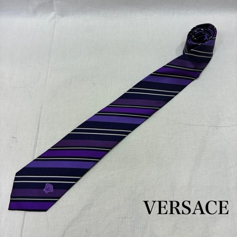 VERSACE 紫 チェック柄 ネクタイ ヴェルサーチ ヴェルサーチェ VERSACE ネクタイ ナロータイ 絹