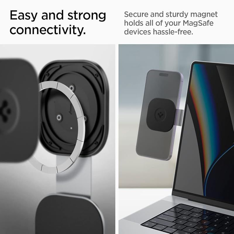 【新着商品】Spigen 磁気ノートパソコン電話ホルダー 90調節可能 デスクトップモニターサイドノートパソコンマウント iPhone 15、14、13、12 シリーズと互換可能 MagSafe 用に設計 ワンタップモニ Spigen 磁気ノートパソコン電話ホルダー 90°調節可能 (ブラック) 磁気ノートパソコンホルダー デスクトップ