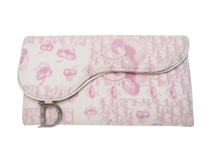CHRISTIAN DIOR クリスチャンディオール 長財布 トロッター サドル 花柄 フローリア レザー キャンバス ピンク シルバー金具 4b002432