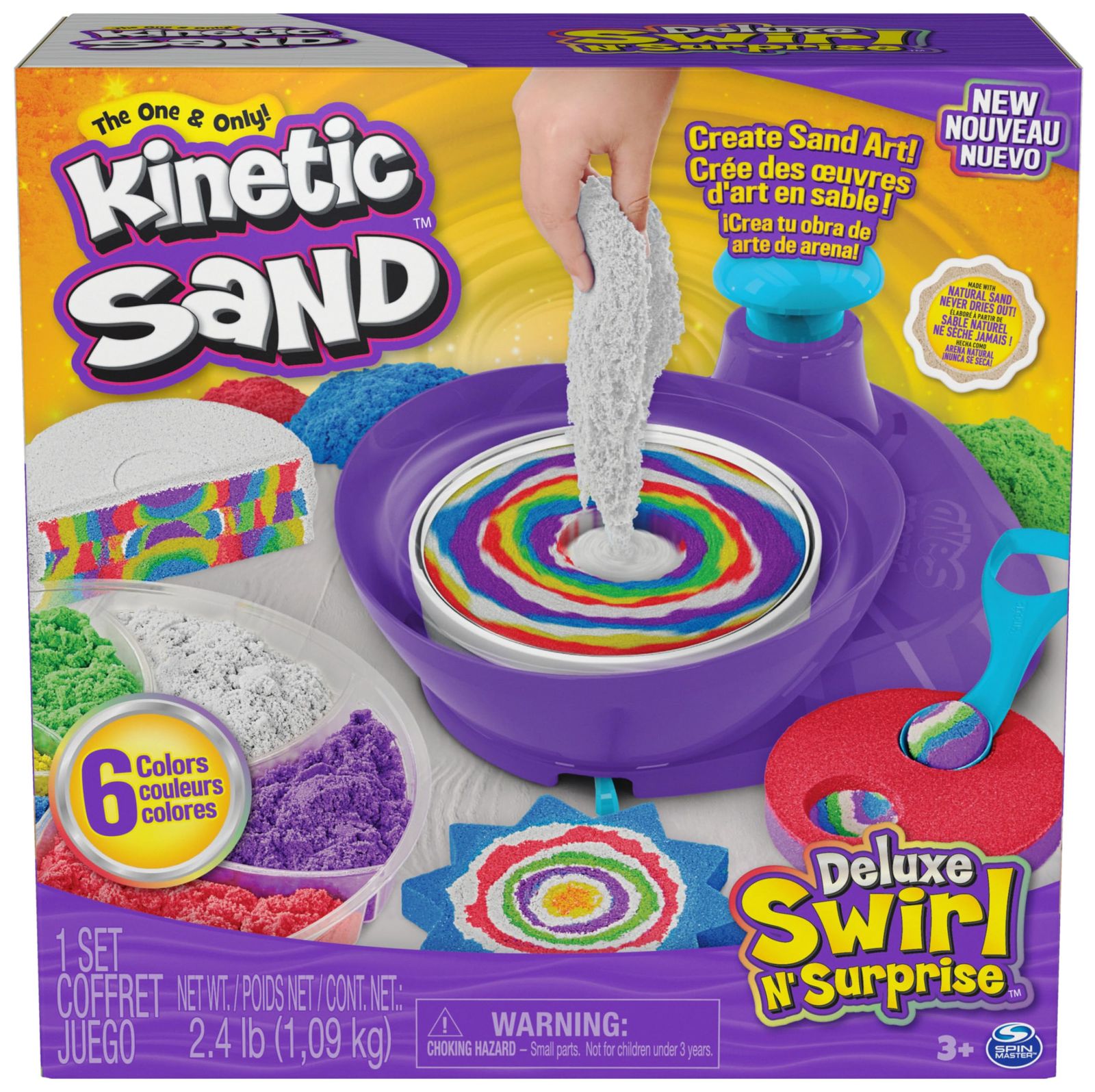 Deluxe Swirl N’ Surprise Playset， 2.5lbs of Play Sand (Red， Blue， Green， Yellow， White and Purple)， 4 Tools， Sensory Toys for Kid