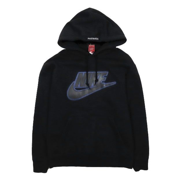 19AW ナイキ NIKE ×シュプリーム Supreme Leather Applique Hooded Sweatshirt レザーロゴ プリント パーカー フーディ スウェット プルオーバー 長袖 トップス 黒 ブラック S メンズ 