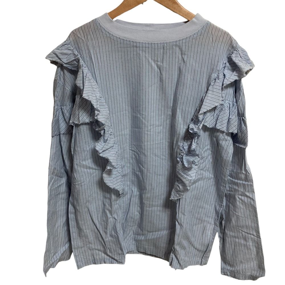 美品 23SS SLOBE IENA スローブイエナ シアーストライプフリルブラウス 長袖 プルオーバー 23051912020020 サックスブルー レディース 古着 中古 美品 23SS SLOBE IENA スローブイエナ シアーストライプフリル