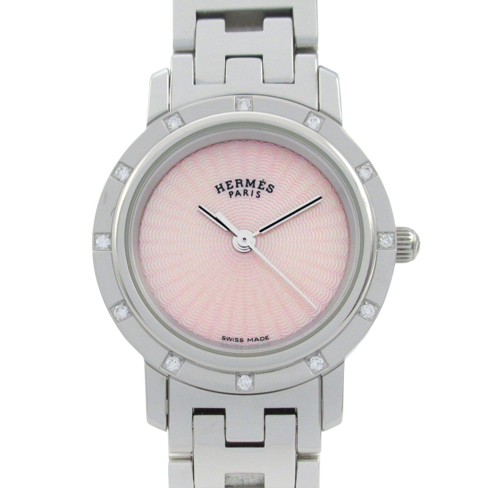 エルメス HERMES 腕時計 クリッパーナクレ 12Pダイヤ CL4.230 ピンクシェル ステンレススチール クリッパーナクレ 12Pダイヤ レディース Used A