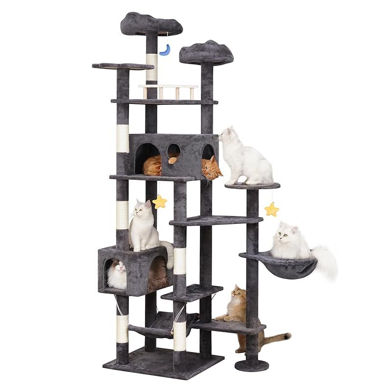 Meecal キャットタワー 大型猫用 猫タワー 多頭飼い 雲型い猫 ベッド 猫 ハウス 広いハンモック 天然サイザル麻爪研ぎポール 見晴らし台 ぬいぐるみ キャット タワー 人気 おもちゃ 可愛 据え置き 転倒防止 運動不足解消 - 高さ215cm 煙灰 1