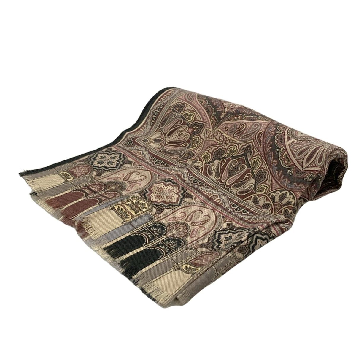 ETRO エトロ ストール ショール - ピンクベージュ×ダークグリーン×マルチ ペイズリー柄 ウール シルク