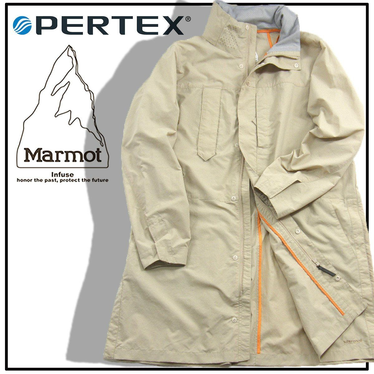 【新品】 Marmot Infuse × PERTEX UNLIMITED / マーモットインフューズ × パーテックス アンリミテッドフード付 コート 撥水 防風 軽量 薄手 Knight coat 収納可能 フード アウトドア マーモット ベージュ