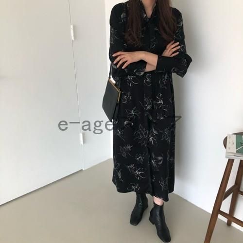 安心で買い物ください。 ワンピース レディース 花柄ワンピース ロング丈 長袖 ボウ マキシワンピース 膝下 フ シフォン 着痩せ お出かけ 大人