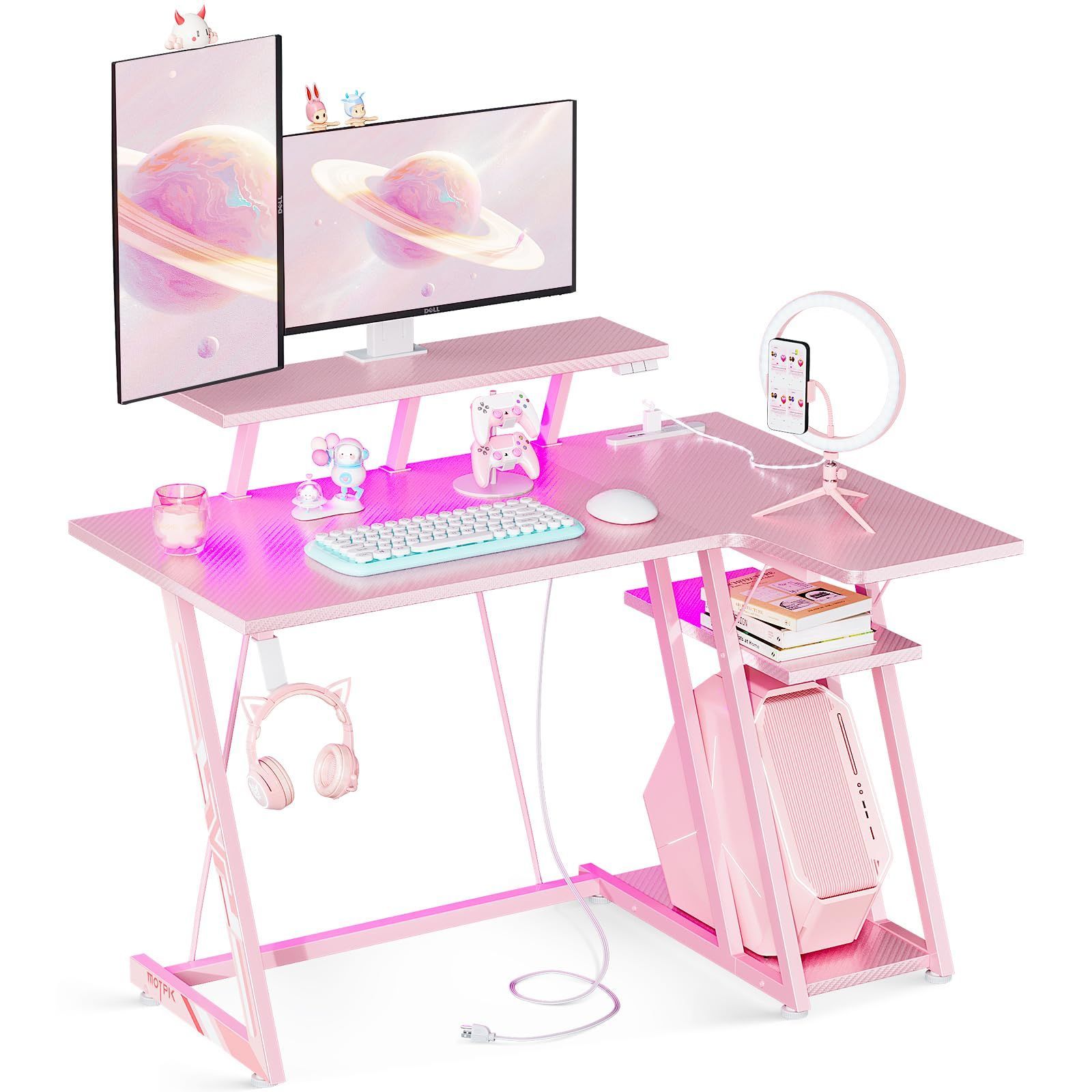 コンセント付き フック付き パソコンデスク ゲーミングテーブル