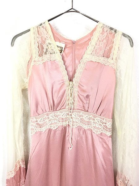 レディース 古着 70s GUNNE SAX 光沢 花柄 レース アップ ガーリ