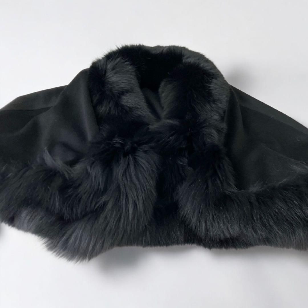 カシミア100% フォックスファー 毛皮 ケープ ポンチョ マント 黒 M