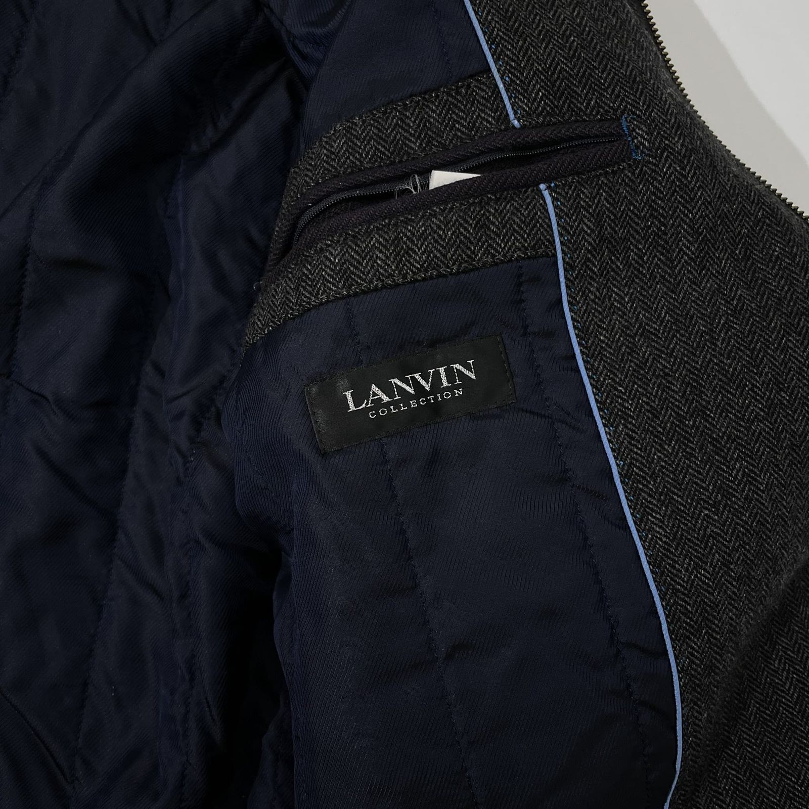 LANVIN ランバン カシミヤ100% ヘリンボーン 中綿 ジップアップ ジャケット 50-36/ブラック グレー