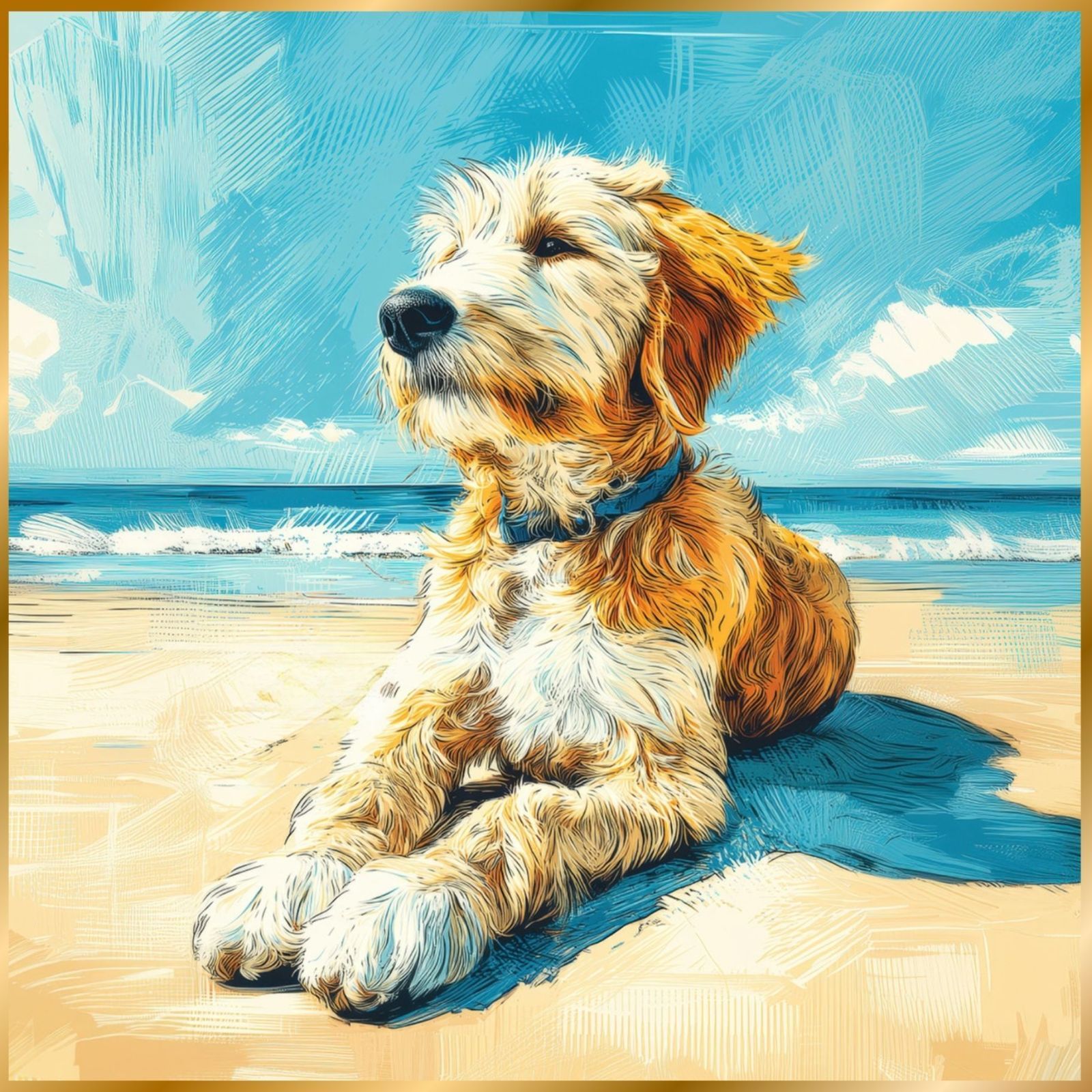 ゴールデンドゥードル犬とビーチのスケッチ No.2 海 犬の絵 犬のイラスト おしゃれ ミニマリスト ミニマリズム シンプル インテリアアート ペットロス うちの子 記念日 アートポスター ギフト プレゼント