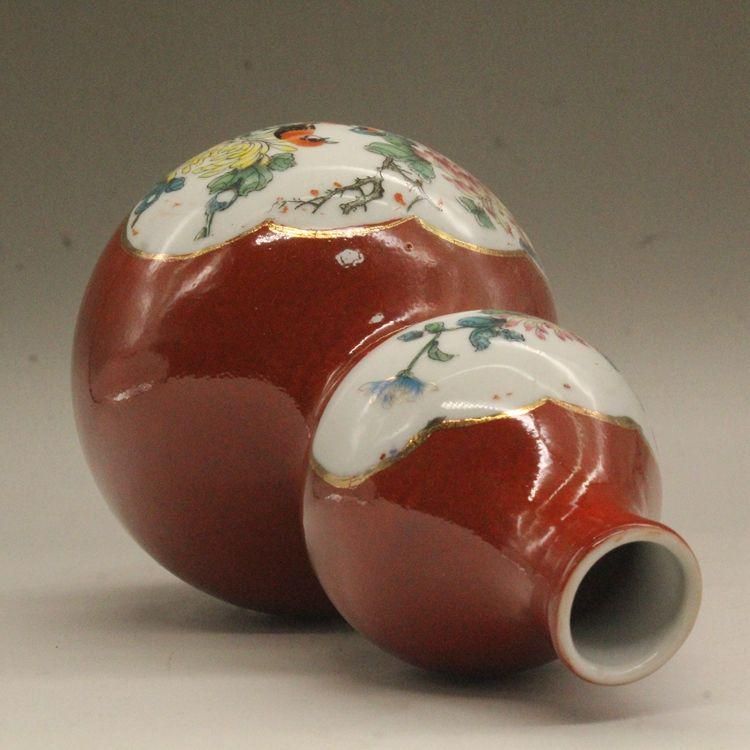 居仁堂款紅釉粉彩花鳥瓢簞瓶 景徳鎮 陶磁器 装飾品 現代工芸品美術品 置物 居仁堂款紅釉粉彩花鳥瓢?瓶 景徳鎮 陶磁器 装飾品 現代工芸品
