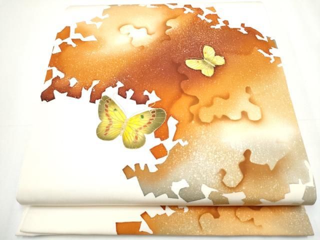 平和屋着物●塩瀬　九寸開き名古屋帯　作家物　ろうけつ染め　舞蝶文　金彩　正絹　逸品　CAAY9646hy 平和屋着物○塩瀬 九寸開き名古屋帯 作家物 ろうけつ染め 舞蝶文 金彩