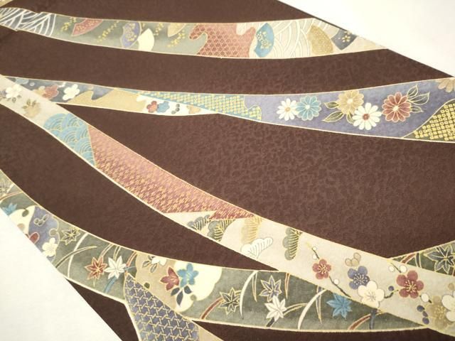 平和屋着物○両面 全通柄袋帯 本場縞大島紬 熨斗草花文 銀通し地 証紙