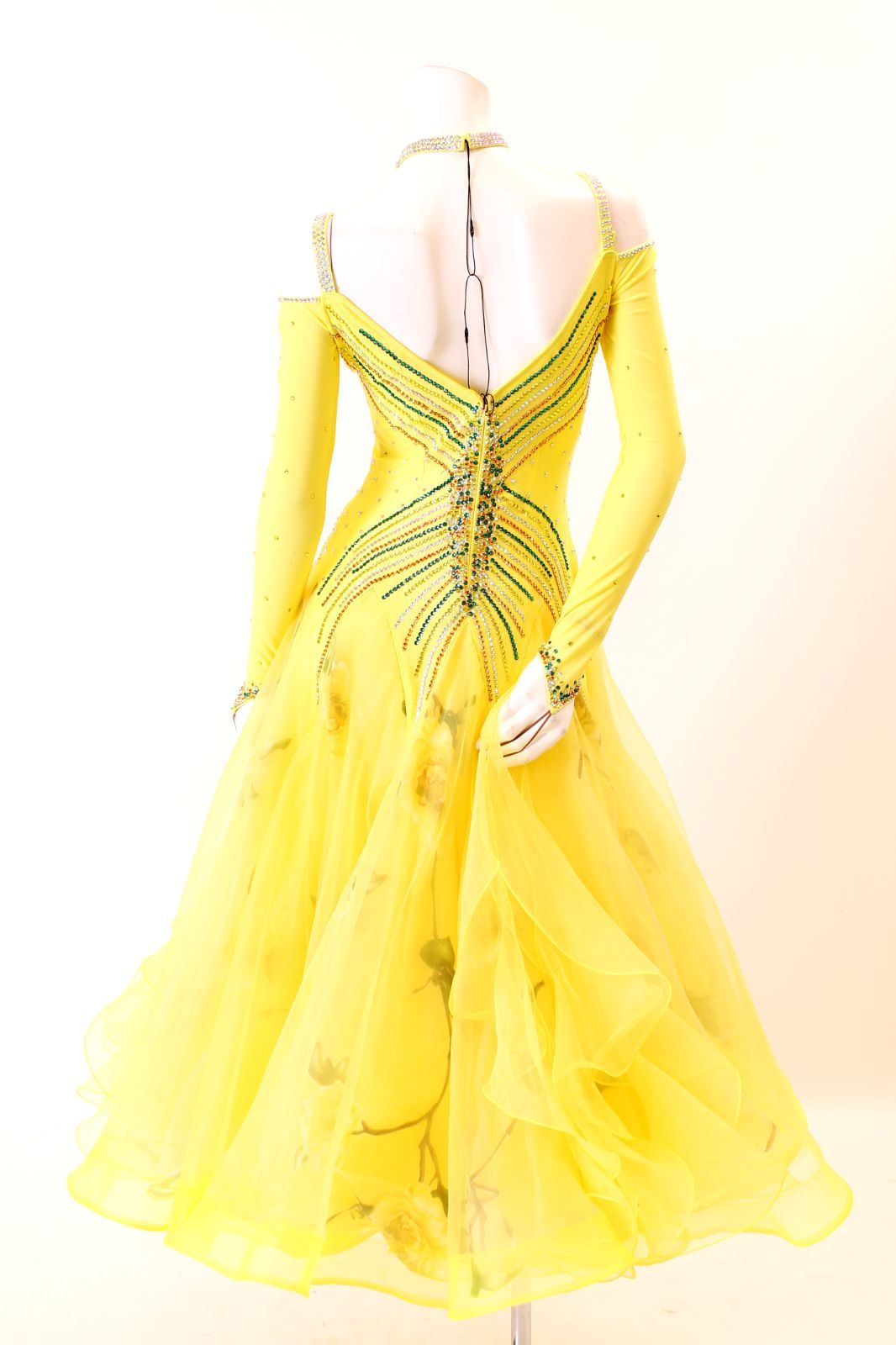 ドレス イエロー×プリント柄 Ｍサイズ コンテスト 発表会 パーティ ナイトドレス オーダーメイド対応可 LLC-HASEGAWATOSO_COM