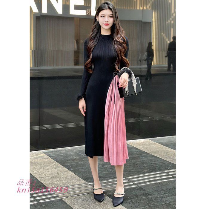 プリーツロングスカート 長袖裾ファー タイトニットワンピース 黒×ピンク カジュアル 大人 韓国 服 上品 レディース kni5a156459