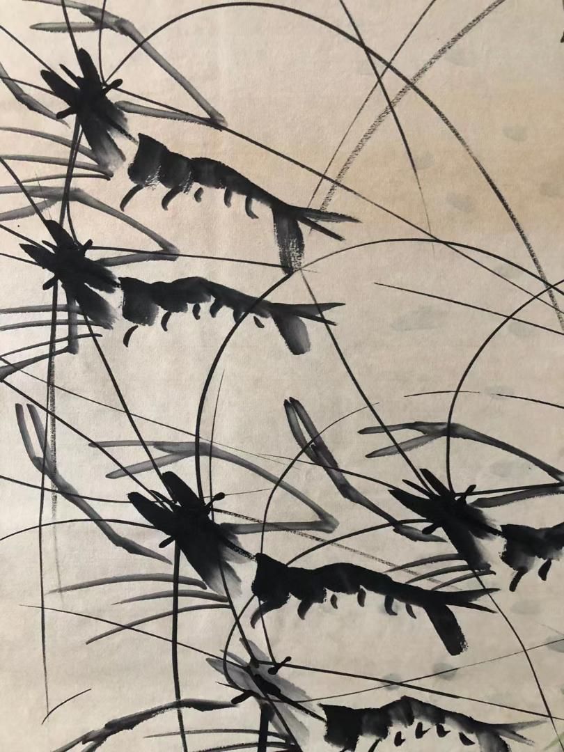 中国美術・純手描きエビ三尺画芯・水墨画・斉白石印款・肉筆・宣紙・