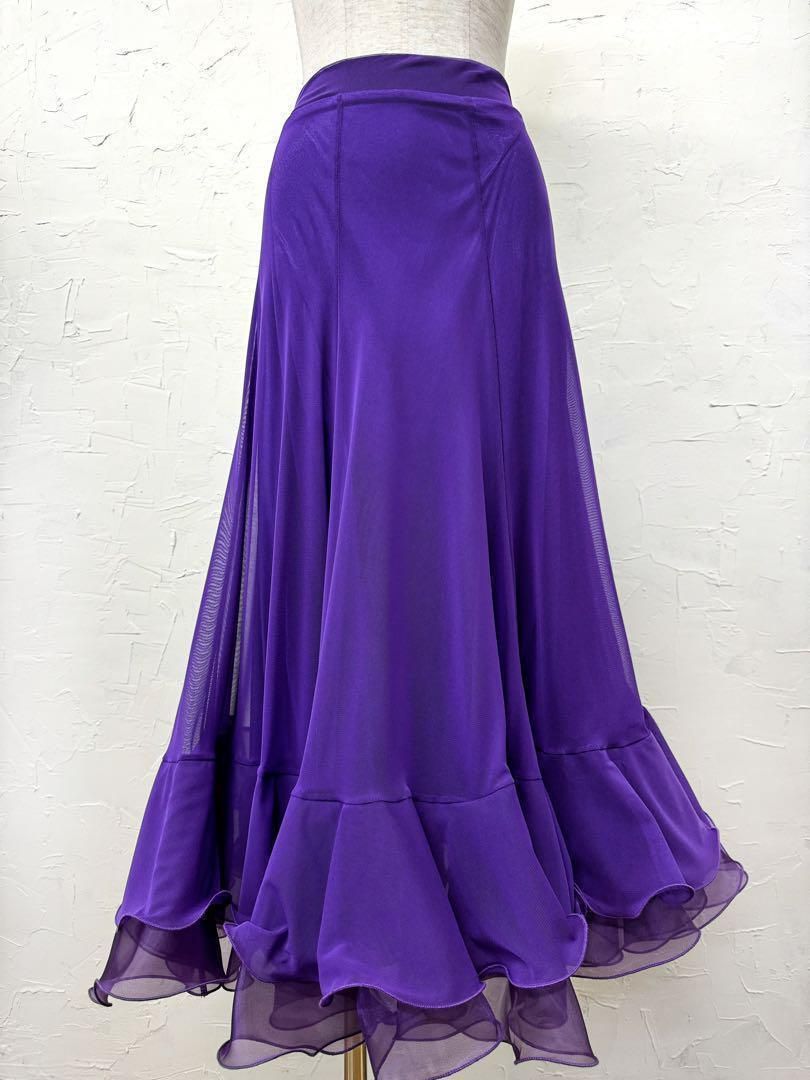 【シンプル】新品ふんわりチュール裾2段 社交ダンス　ロングフレアスカート紫ｂ65 シンプル】新品ふんわりチュール裾2段 社交ダンス ロングフレア
