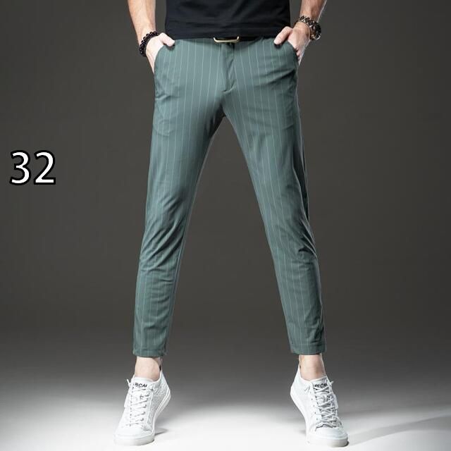 32 メンズ ファッション 服 オシャレ シンプル 大人 かっこいい 大きいサイズ ストリート 紳士服 夏 九分丈 パンツ 薄手 伸縮性 ストレッチ ストレッチ ビジネス スリムフィット ストライプ カジュアル