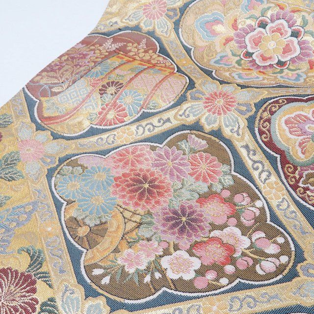 袋帯 未使用 正絹 フォーマル 六通 本金箔 宝寿 花鳥模様 波文