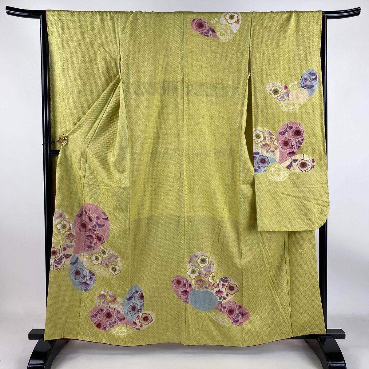 振袖 身丈161.5cm 裄丈66cm M 袷 草花 金銀彩 絞り 黄色 正絹 秀