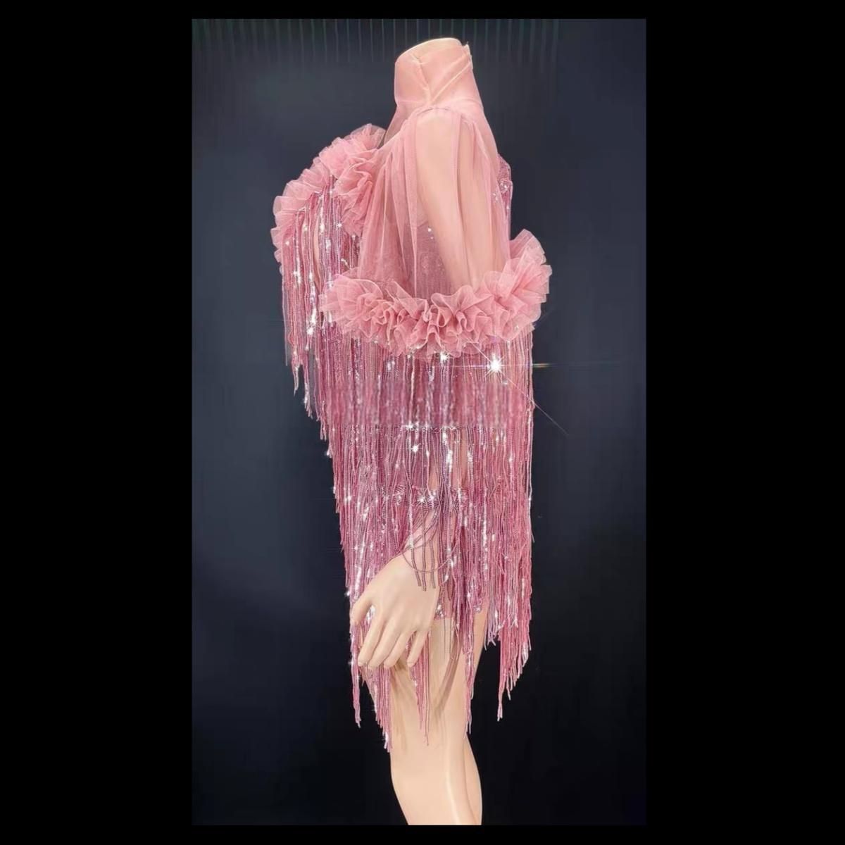 ♥ 社交ダンスドレス ベリーダンス衣装 キラキラ ラメ フリンジ セクシー ミニドレス ナイトクラブ 誕生日パーティー 用 ピンク