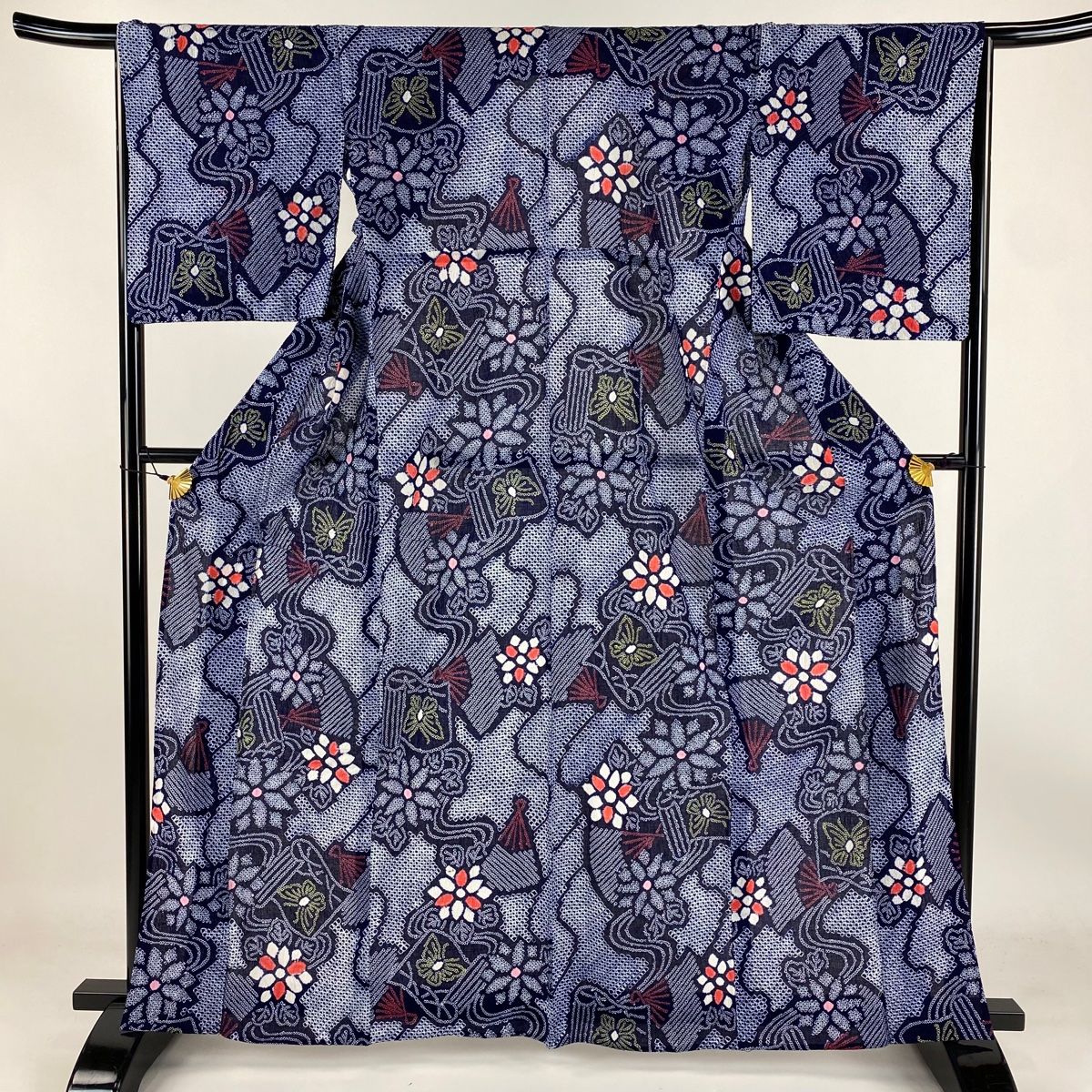 浴衣 身丈163cm 裄丈65cm M 絞り浴衣 草花 扇 紺色 綿 美品 名品