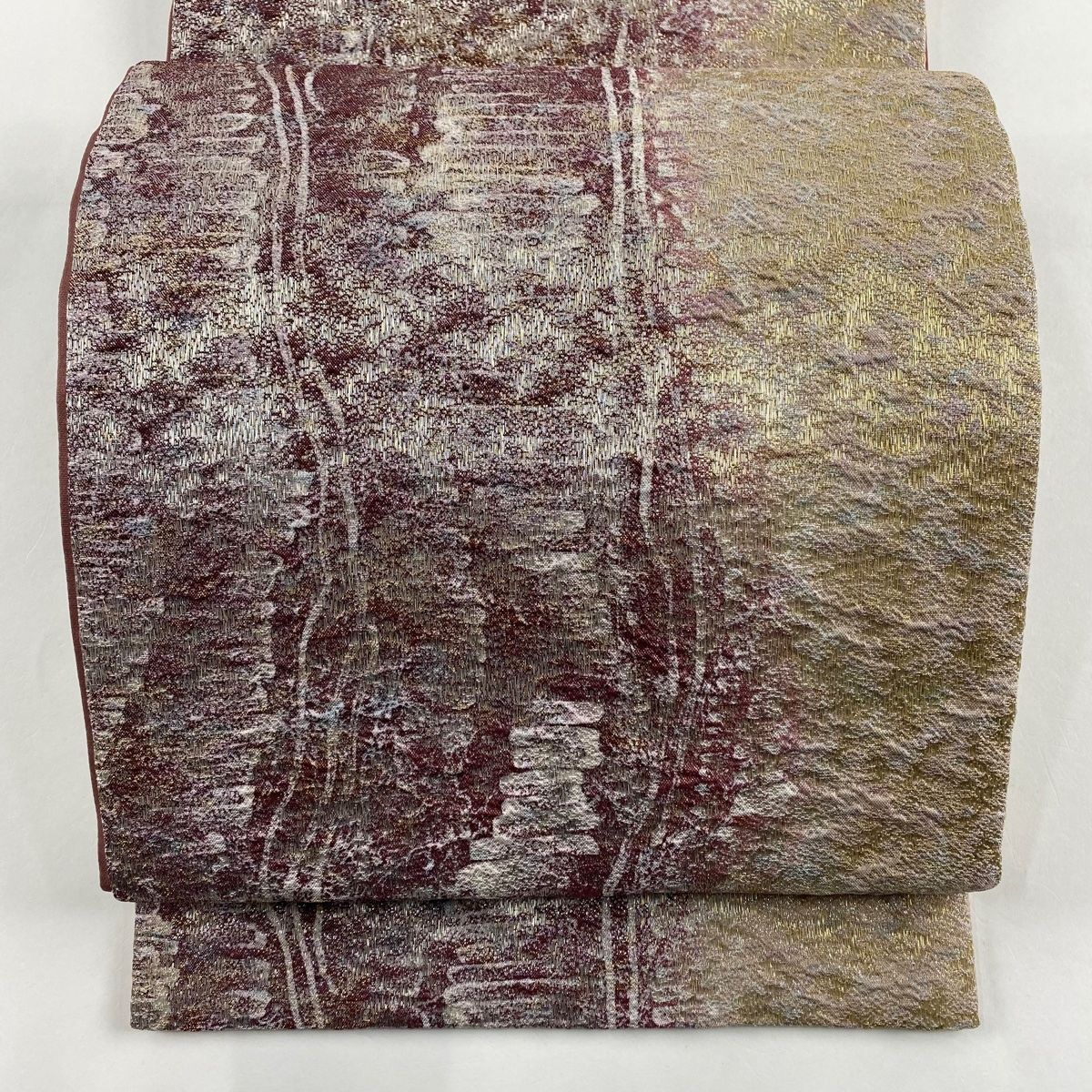 袋帯 秀品 幾何学模様 金銀糸 箔 小豆色 全通 正絹