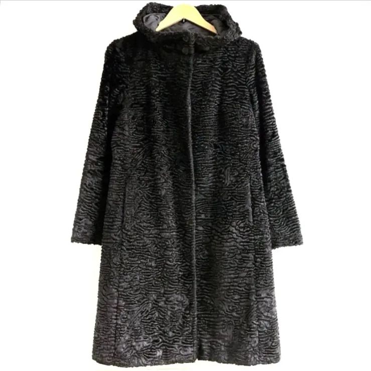 S Max Mara 黒 ロングコート ファー付き メッシ] ピュア ヴァージンウール ダブルフェイス コート, black