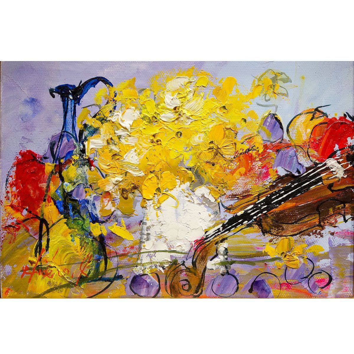 花瓶と楽器の油彩画 静物画 池田秀郎 花瓶と楽器の油彩画