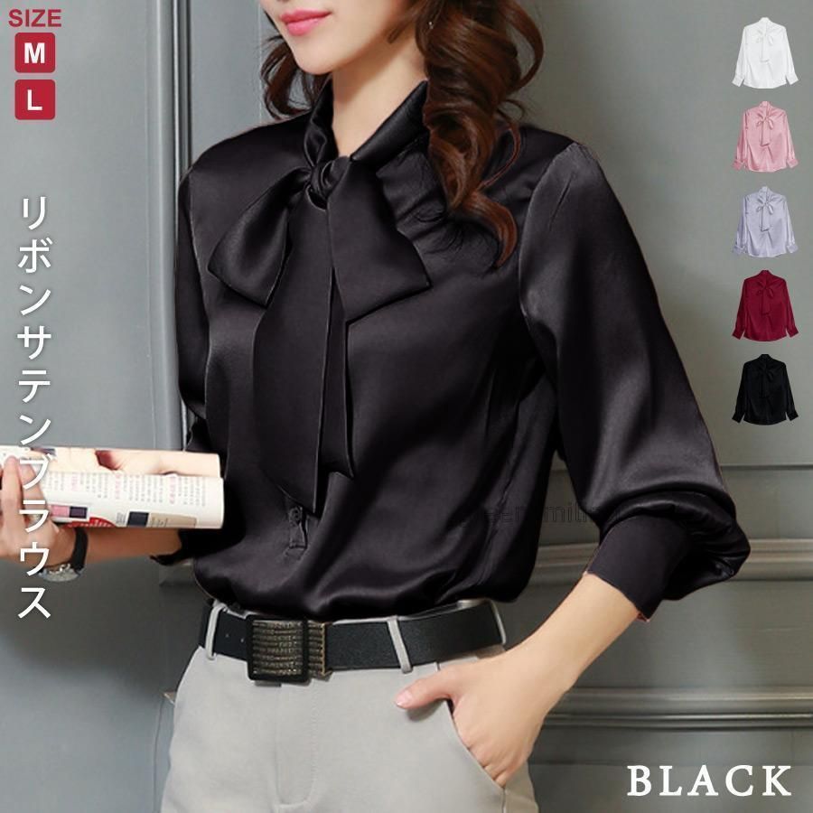 アイボリー サテン 長袖シャツ ブラックリボン y6149_gy.jpg?fitin=720:720