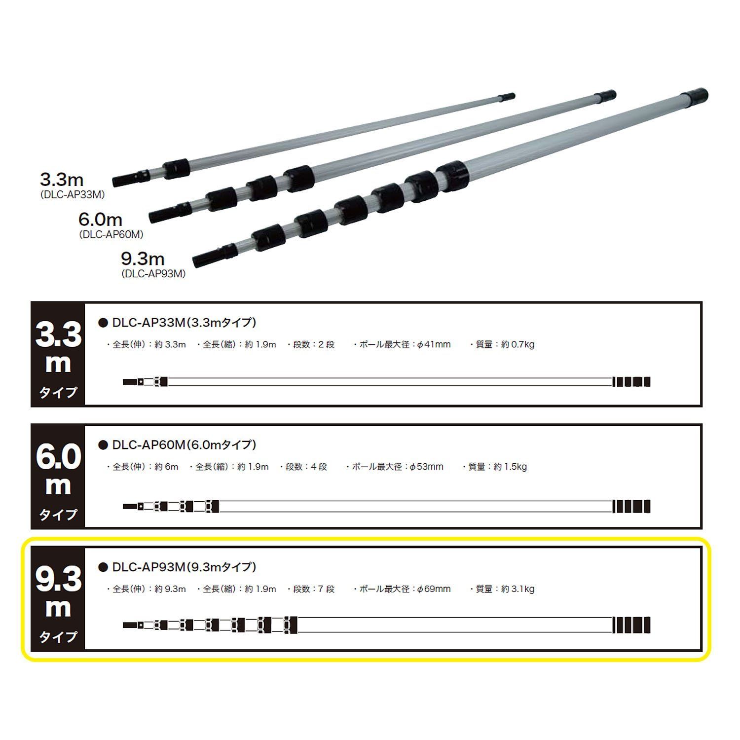 数量限定】DLC-AP93M 9.3m アルミポール ランプチェンジャー用