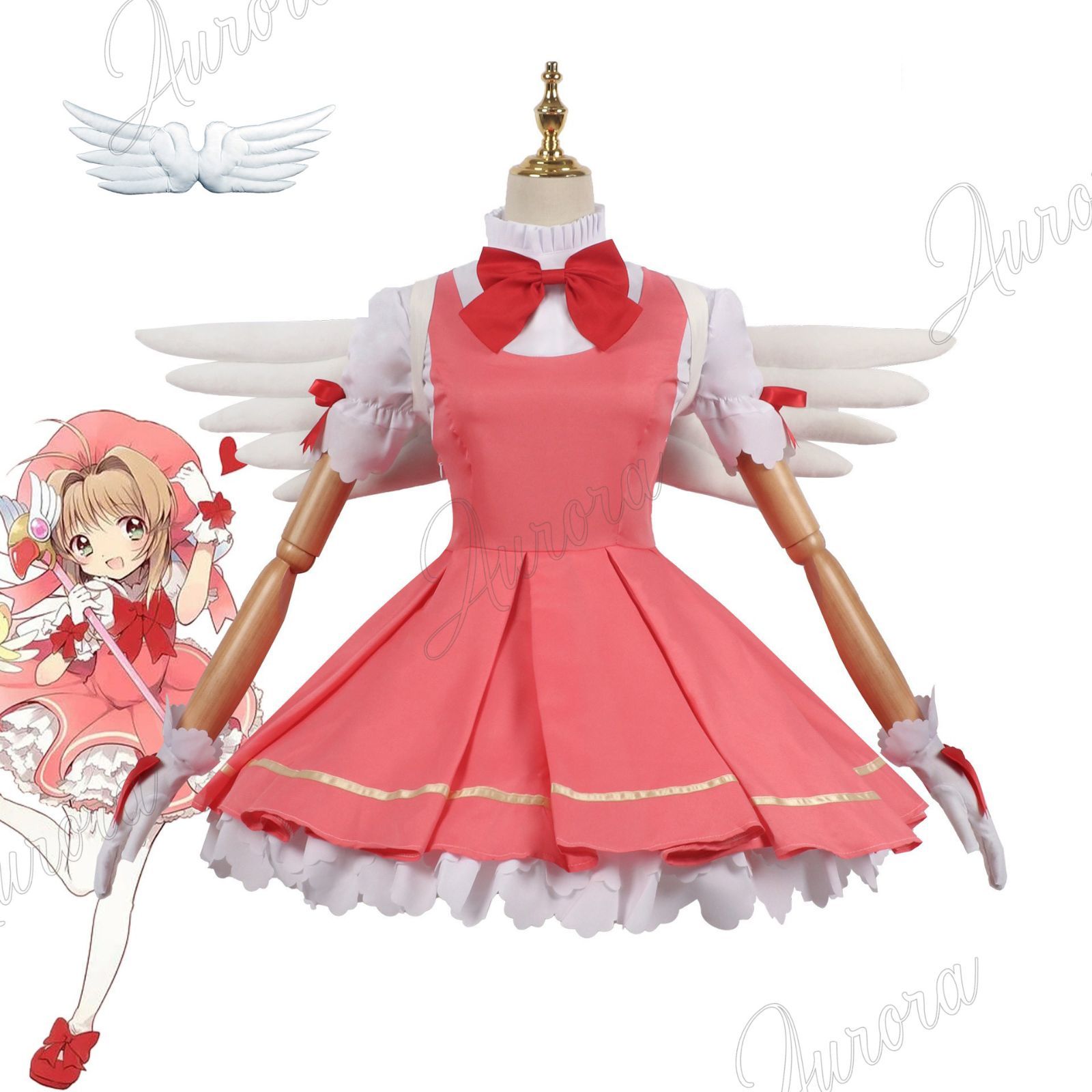 カードキャプターさくら 木之本桜きのもとさくら 紅白の戦闘服 コスプレ衣装 cosplay イベンド 撮影 変装 仮装 ハロウィン プレゼント お盆 クリスマス 贈り物 年会 学園祭 文化祭 舞台コスプレ 子供用 羽付き