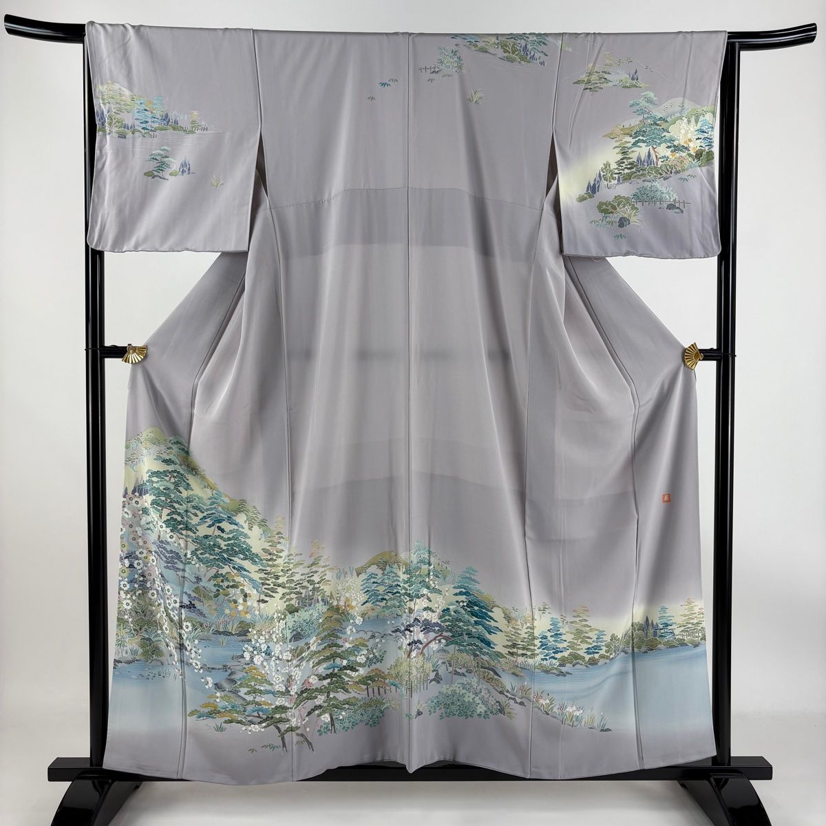 訪問着 身丈157cm 裄丈64cm M 袷 落款 風景 松梅 薄紫 正絹 美品 秀品 【中古】