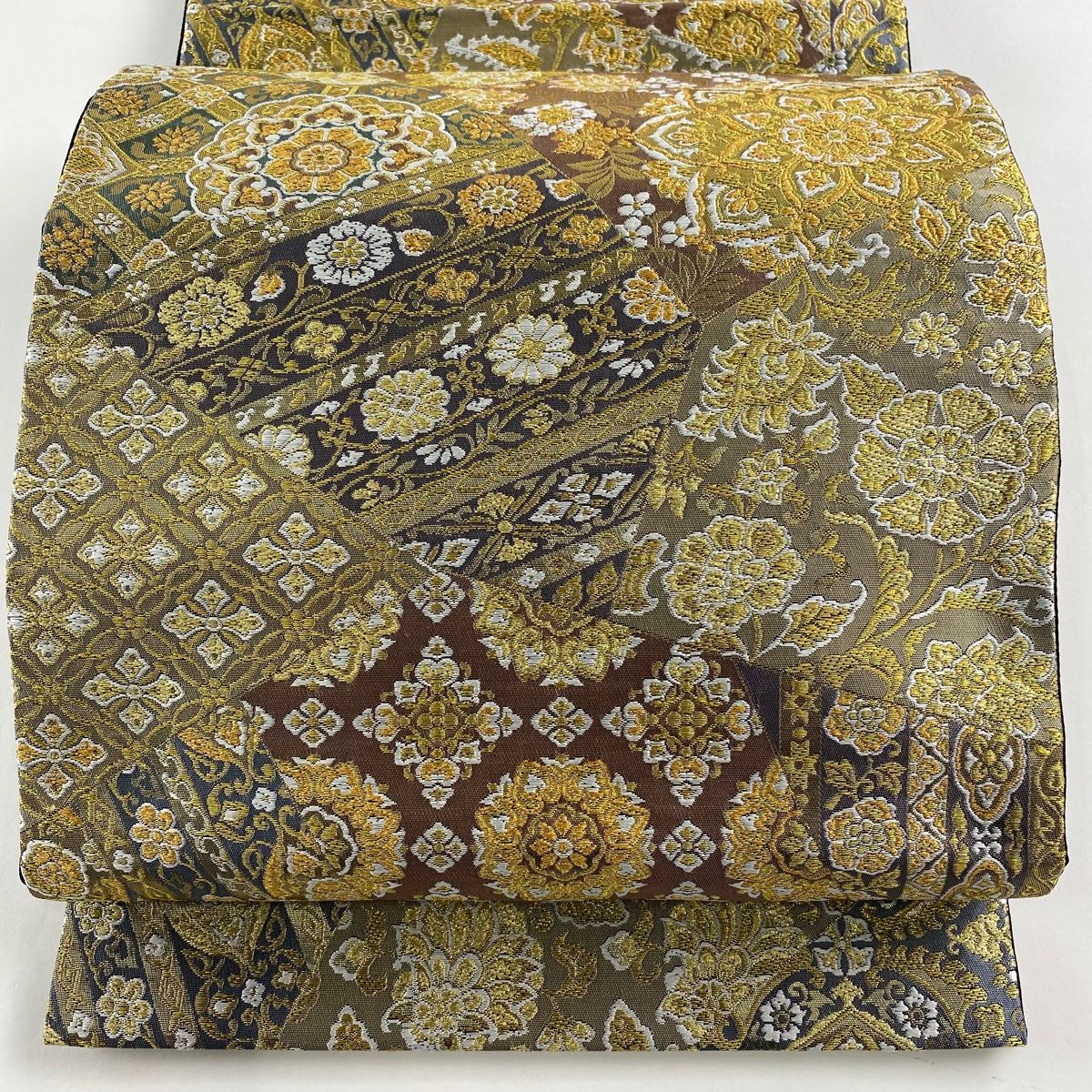 袋帯 美品 名品 西陣織 花菱 花唐草 箔 灰茶 六通 正絹 【中古