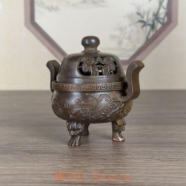 銅器 象首耳八稜三足双耳双龍薫香炉  盤香炉  檀香炉 工芸品 美術品 置物 銅器 香炉 海獣両耳薫炉 三足銅炉茶道香炉 装飾品 工芸品 置物