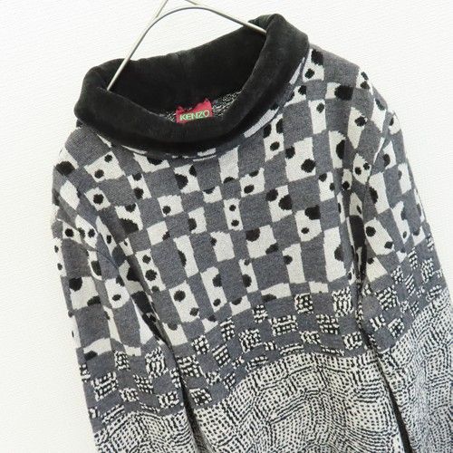  ケンゾー KENZO ヴィンテージ イタリア製 トップス チュニック ニット セーター ハイネック 総柄 x 972770 長袖 チュニック