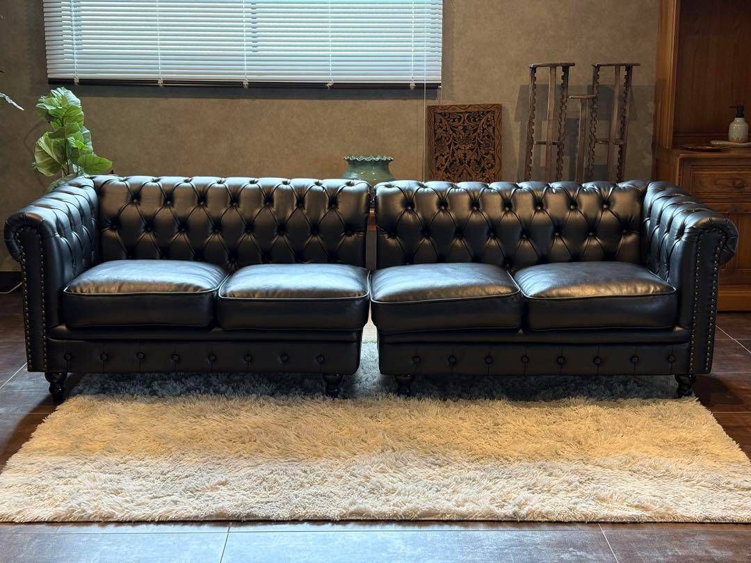 ① ヴィンセント　ボタンダウン　ソファ　アンティーク　レザー　ブラック IZZ ① ヴィンセント ボタンダウン ソファ アンティーク レザー