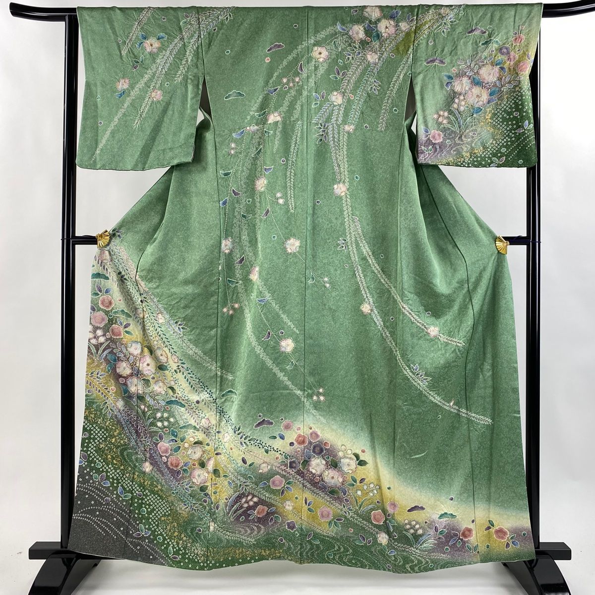 訪問着 身丈161cm 裄丈64.5cm M 袷 辻が花柄 金彩 ぼかし 緑 正絹 名品